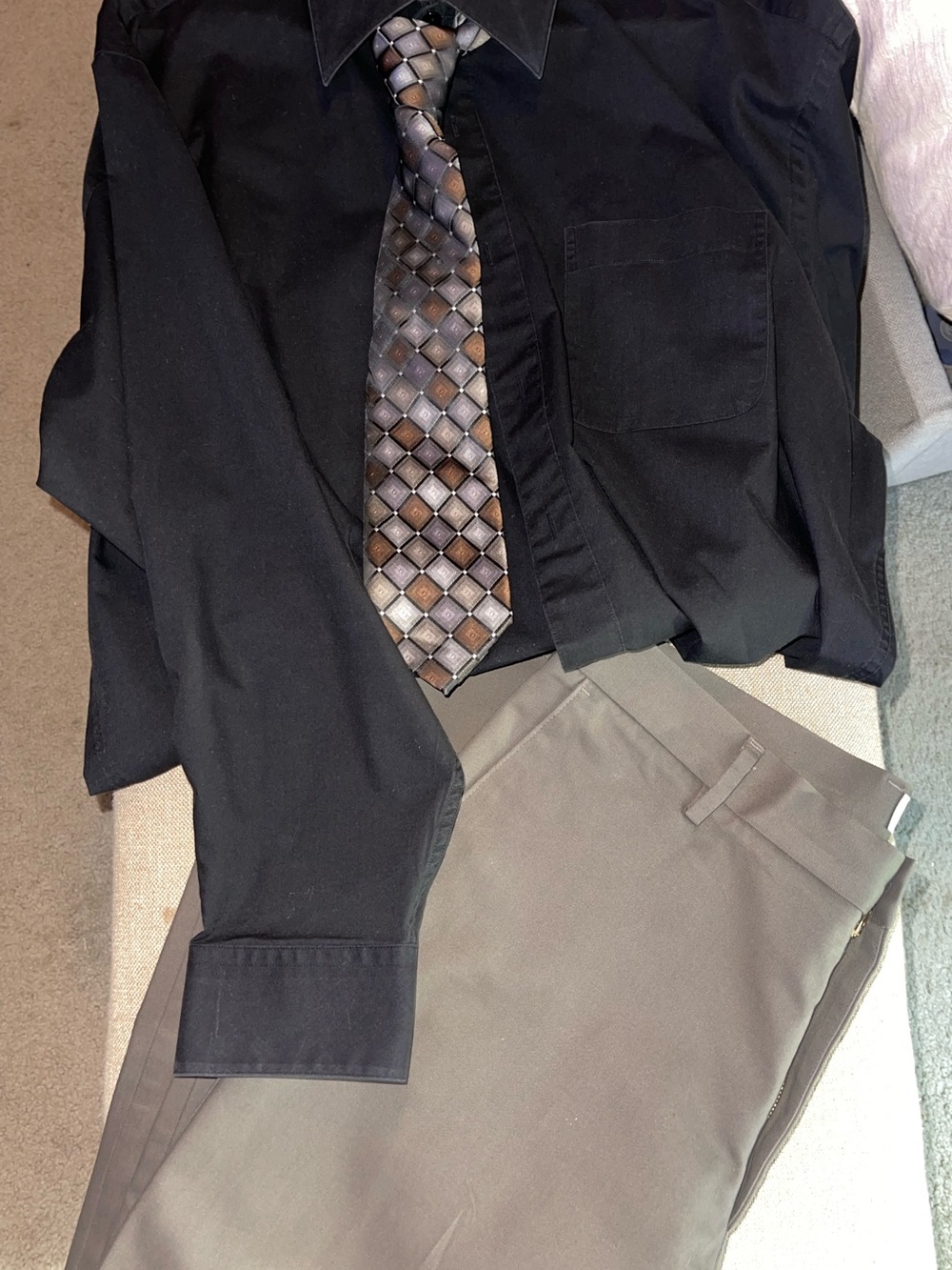 3 piece set, Men’s Docker Dress Pants in Taupe with Black Shirt & tie Combo